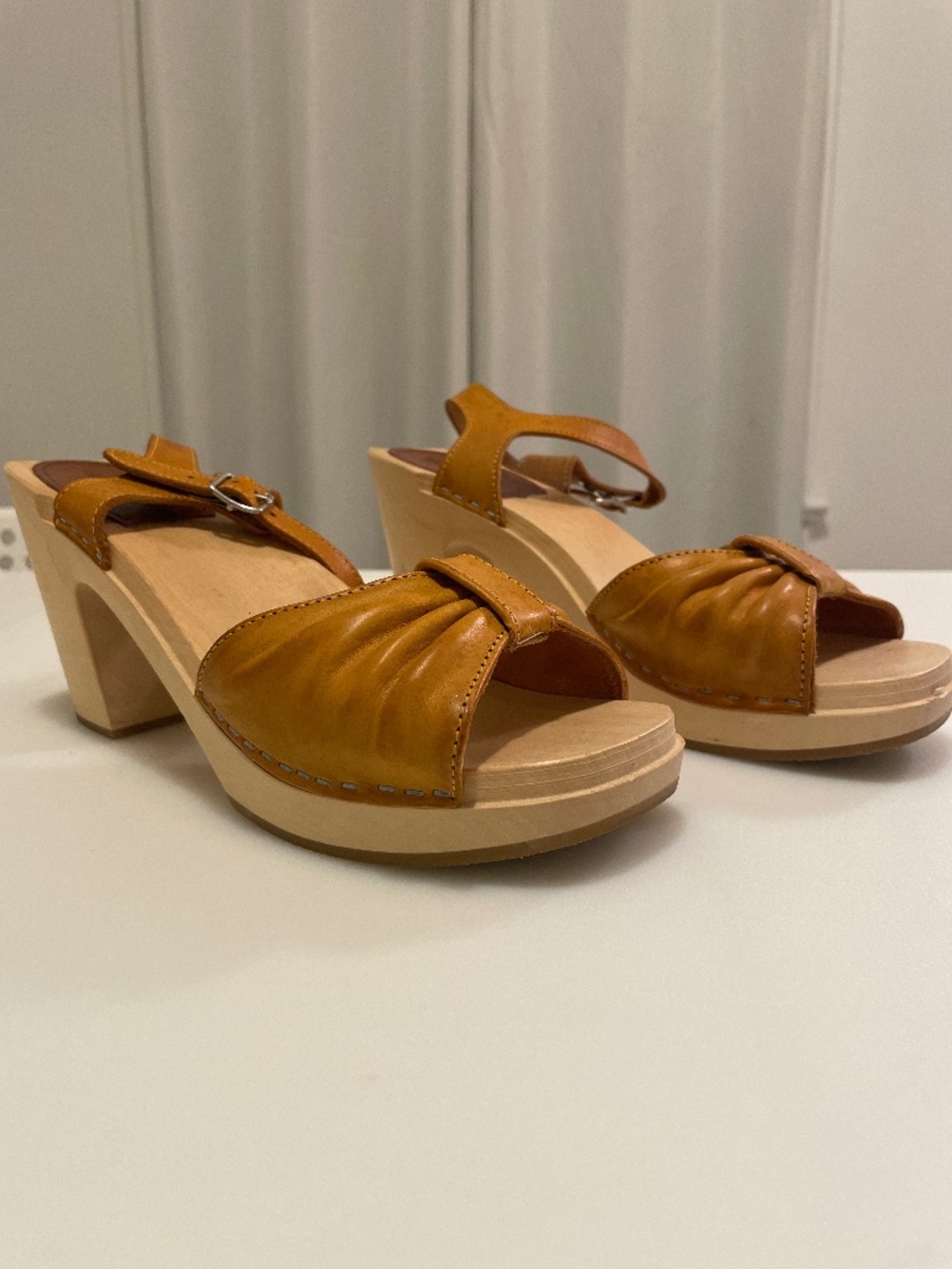 Tan Swedish Hasbeens Leather Wooden Clog Slingback Sandals EU 41 US 10-10.5